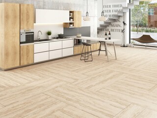 The interior of a luxury kitchen features a wooden countertop, a designed wall, a ceramic tea set, a few plants, a grey refrigerator, and a few other kitchen necessities. 3D Rendering