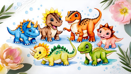 Naklejka premium Vibrant watercolor illustration of six adorable baby dinosaurs, each with unique skin patterns and textures, playing together in a joyful scene on a crisp white background, generative ai