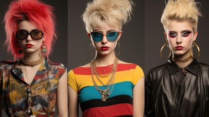 Obraz premium 1980s 1990s style. Punk fashion as a reaction to the hippie movement of past decades and against materialistic values of current decade. Retro, pop, hipster, neon, colorful, nineteenth.