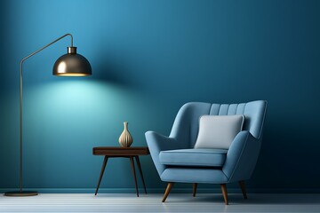 Fototapeta premium Blue living room with blue armchair and lamp 3d rendering