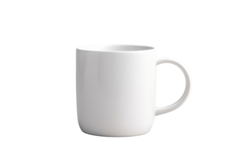 A simple white ceramic mug with a smooth, minimalist design. Isolated on white background