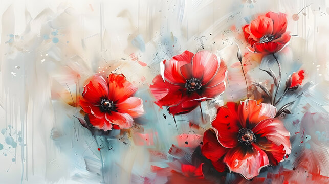 Paintings on canvas with watercolor red flowers. Interior decoration set with designer oil paintings