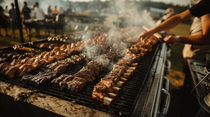 A busy outdoor BBQ scene with multiple grills filled with various types of meat being cooked, surrounded by smoke and a gathering of people enjoying the event.