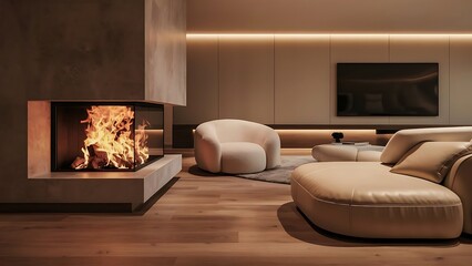 Luxurious modern living room with lit fire
