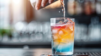 A vibrant cocktail with an array of colors being poured into a glass filled with ice, showcasing a refreshing and enticing presentation suitable for any bar setting.