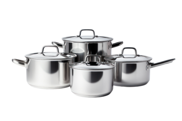 set of stainless steel cooking pots and pans neatly arranged on a white background. Isolated on white background