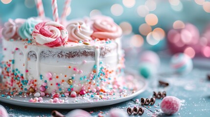 A delightful cake covered in multicolored sprinkles, topped with candy swirls and lollipops, creating a festive and eye-catching dessert for celebrations and parties.