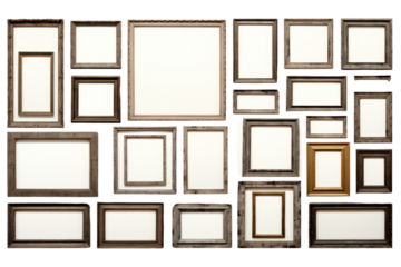 set of multiple picture frames in various sizes and styles, arranged in a gallery wall layout, isolated on a white background