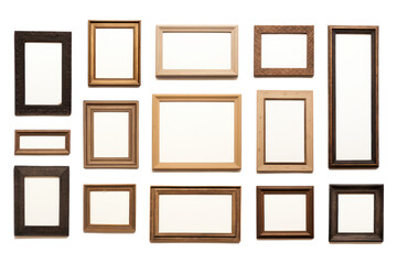 set of multiple picture frames in various sizes and styles, arranged in a gallery wall layout, isolated on a white background