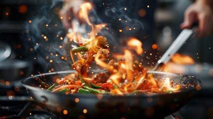 A high-energy scene where cook is flipping stir-fried vegetables and meat in a sizzling wok, with flames leaping and sparks flying for an exciting culinary spectacle.