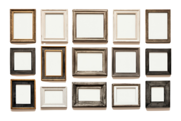 set of multiple picture frames in various sizes and styles, arranged in a gallery wall layout, isolated on a white background