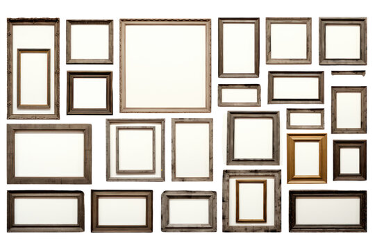 set of multiple picture frames in various sizes and styles, arranged in a gallery wall layout, isolated on a white background