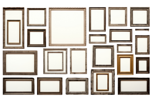 set of multiple picture frames in various sizes and styles, arranged in a gallery wall layout, isolated on a white background