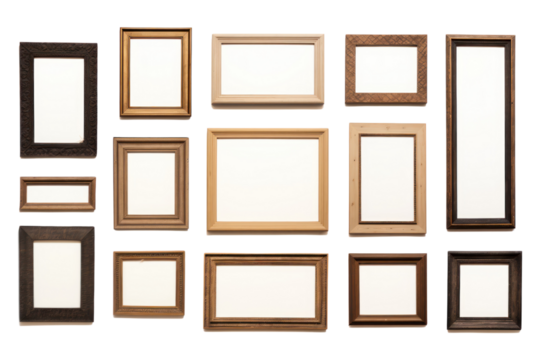 set of multiple picture frames in various sizes and styles, arranged in a gallery wall layout, isolated on a white background