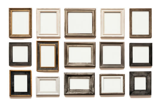 set of multiple picture frames in various sizes and styles, arranged in a gallery wall layout, isolated on a white background