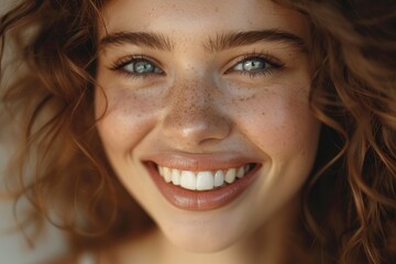 Woman's shining smile close-up, white healthy teeth. Dentistry charm portrait