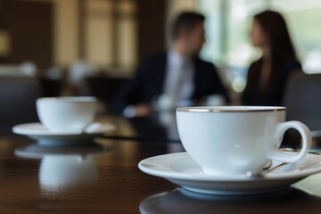 Fototapeta premium Two Executives Engaged in Strategy Session with Coffee