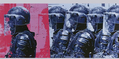 The Eroding Democracy: A line of riot police, clad in helmets and shields, facing off against determined protestors
