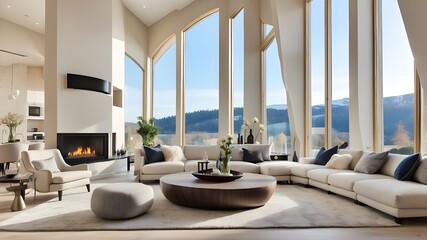 Beautifully decorated living room with a fireplace in a new luxury home. An abundance of natural light is let in by the large bank of windows. has a view into the eating alcove.