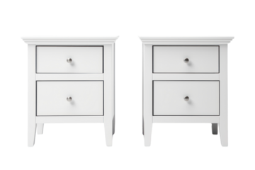set of elegant white nightstands with clean lines and ample storage space, isolated on white background