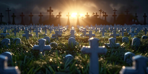 The Silent Graveyards: Rows upon rows of white crosses in a military cemetery, marking the fallen soldiers