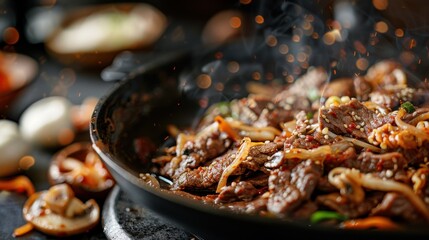 A sizzling hot iron pan filled with mouth-watering slices of beef, onions, and assorted vegetables,...