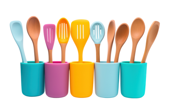 set of colorful silicone kitchen utensils, including spatulas, tongs, and measuring cups. Isolated on white background