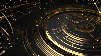 Obraz premium abstract counter clockwise dial plate, in black and gold, glowing lines pattern, technology and business background