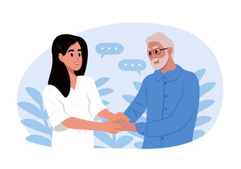 A nurse takes care of an elderly man. Nurse holding hands with patient in empathy, trust and support of help. Young caregiver helping senior man walking.