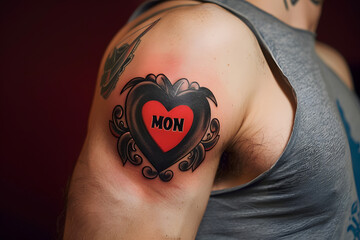 Red heart shaped tattoo with text 'MOM' on man's upper arm