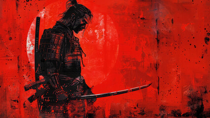 Drawing of Japanese Samurai on Red Background