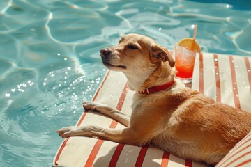 dog posing with a cocktail in the pool .