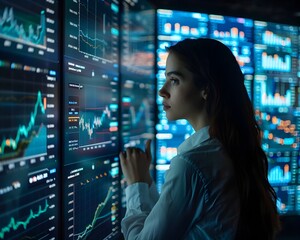 Businesswoman Analyzing Financial Trends on Multiple High Tech Screens Financial Planning Concept