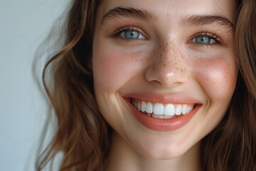 Woman's shining smile close-up, white healthy teeth. Dentistry charm portrait