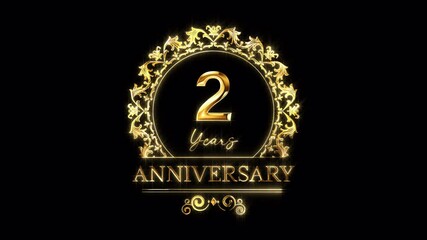 2nd Anniversary Celebration. Happy 2 Years Anniversary Animation in Gold Color on the Transparent Background, Alpha Channel. Great for greetings, celebrations, events, and gifts.
