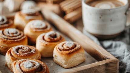 Deliciously tempting cinnamon rolls are fresh out of the oven, sprinkled with powdered sugar, and displayed on a wooden cutting board, evoking a cozy, homemade feel.