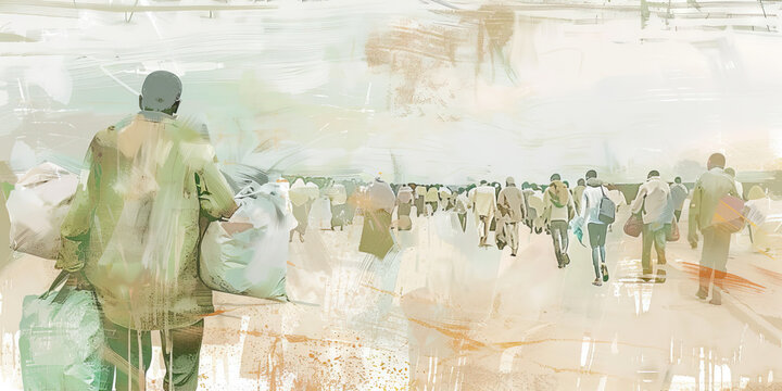The Weary Refugees: A sea of displaced people carrying their belongings, searching for safety in a chaotic setting