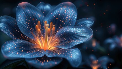 Glowing Blue Flower with Orange Sparkles