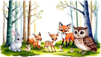 Naklejka premium Vibrant watercolor illustration of a whimsical woodland scene, featuring a collection of adorable baby animals, including a curious rabbit, a playful fox, a gentle fawn, and a wise owl, generative ai