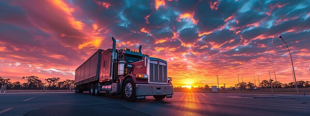 Large semi truck parked in a spacious lot, basking under the warm sun. Ideal for transportation, logistics, or travel-related projects.