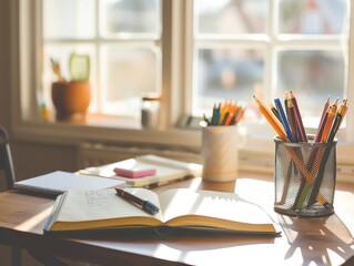 Sunlit workspace. Open notebook, pens, books, ready for work