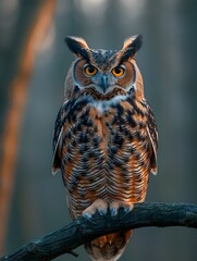 Wise Owl Perched on a Branch in a Moonlit Forest  Capturing the Texture of its Feathers and the Intensity of its Eyes