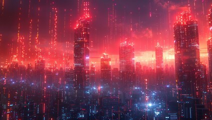 Fototapeta premium Neon Cityscape Under a Red Sky