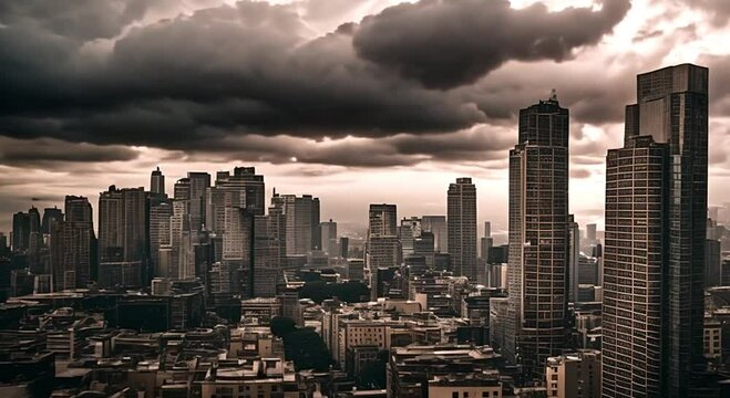 Create a scene of towering city buildings under a cloudy sky, with Zentangle patterns subtly woven into the architecture, all illuminated by a soft, melancholic glow.