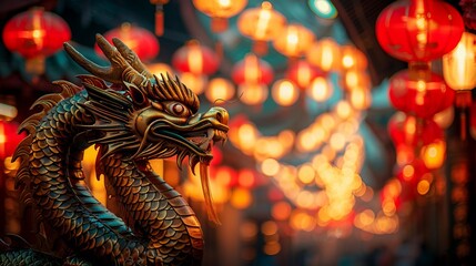 Fototapeta premium Golden dragon statue with lanterns in the background