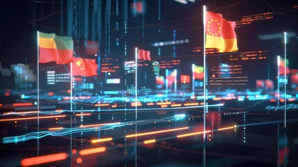 Fototapeta premium futuristic visualization of a global economic summit, with digital flags representing countries and data streams outlining their economic contributions
