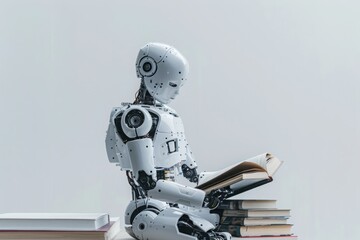 Robot Reading Book Stack on White Background