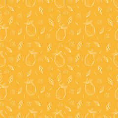 Pineapple and leaves seamless pattern wallpaper. line vector. Pineapple symbol vector, dessert, on a yellow background