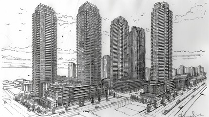  Sketch of luxurious condos in a metropolitan area, hand drawing with black pen on paper in the style, high angle, cityscape, street, streets, sketch book page, skyline