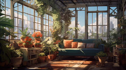 Urban greenhouse room with cozy sofa 2D cartoon illustration. Lush potted plants, cityscape view windows lofi wallpaper background lo-fi art. Sunny interior flat image chill vibe